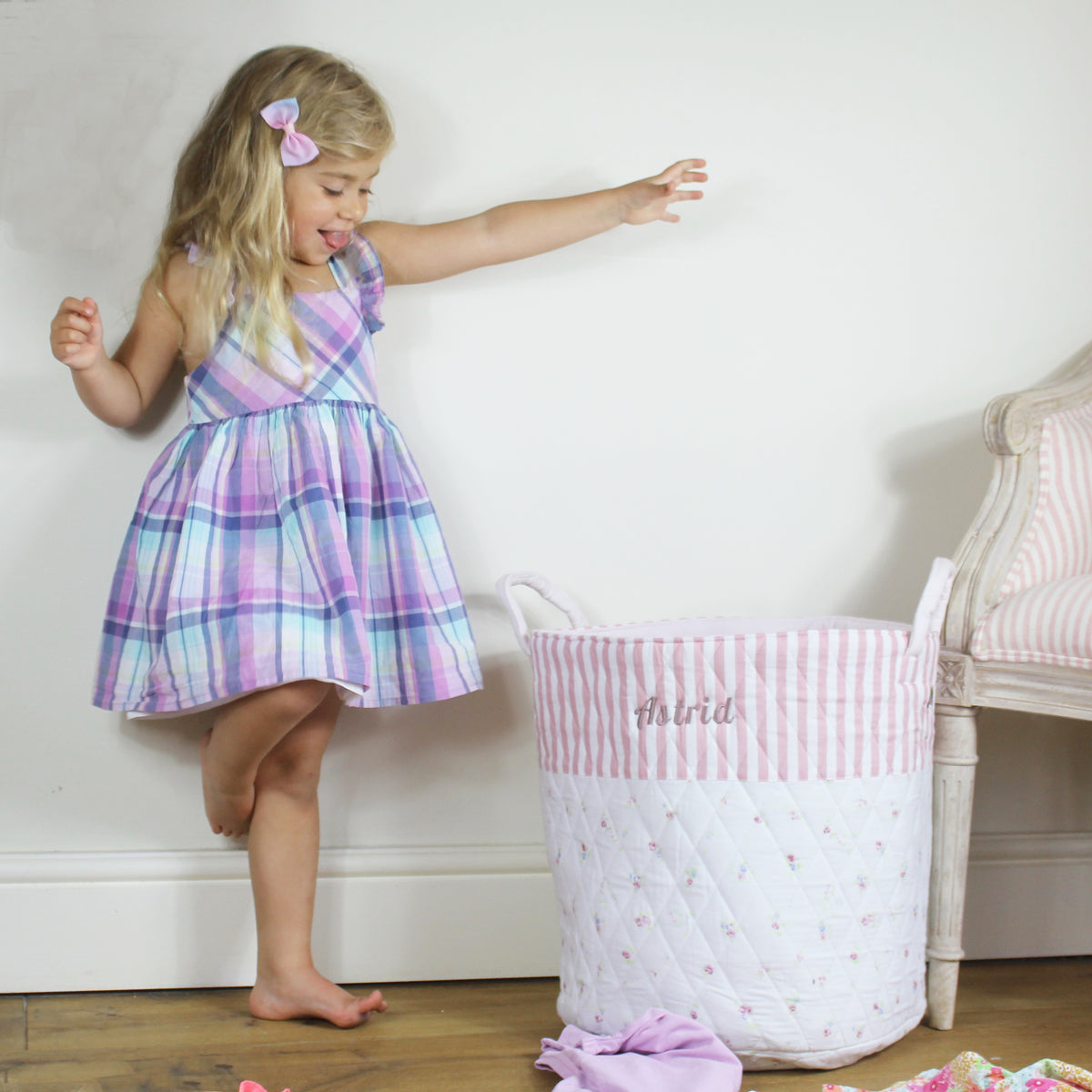 Personalised Quilted Toy Bag Floral & Pink Stripe Lime Tree London