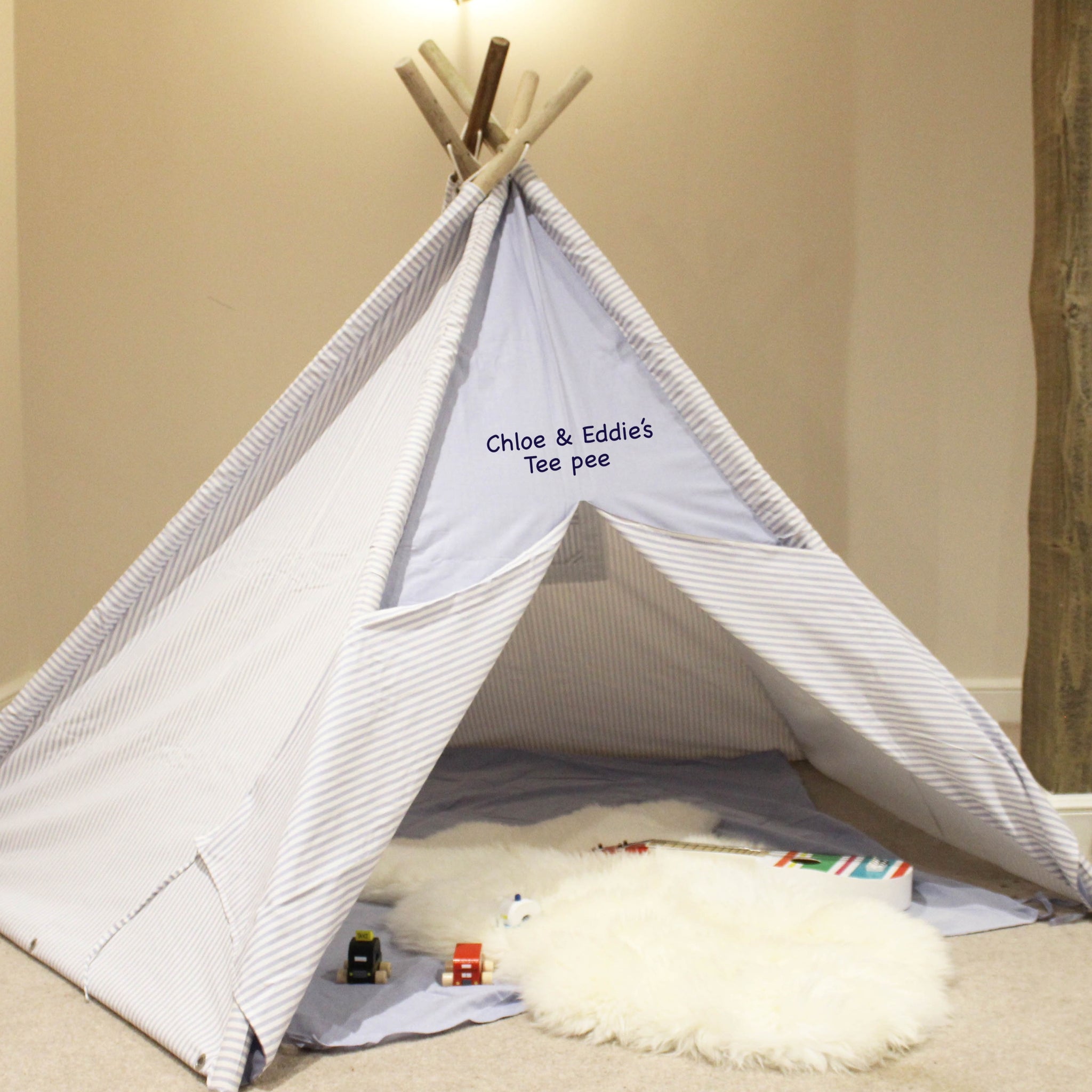 Personalised Blue Stripe Teepee, Mat & Storage Bag (4877470138448)