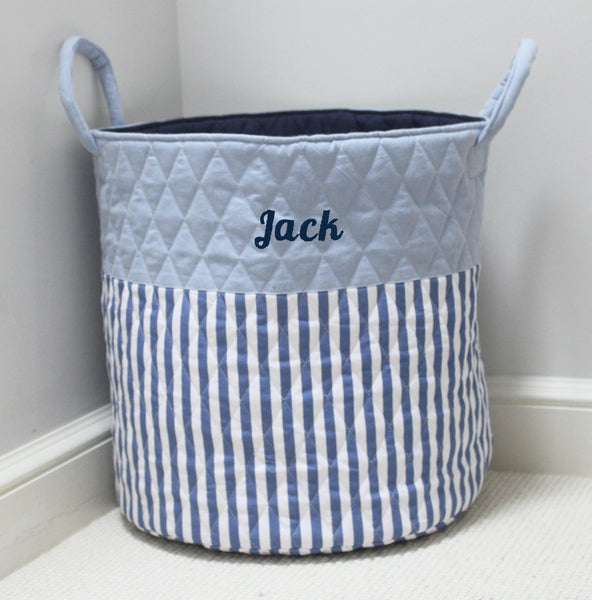 Personalised Quilted Toy Storage Bag - Blue Stripe (4877096976464)