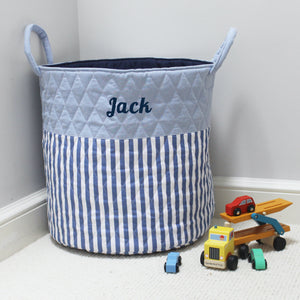 Personalised Quilted Toy Storage Bag - Blue Stripe (4877096976464)