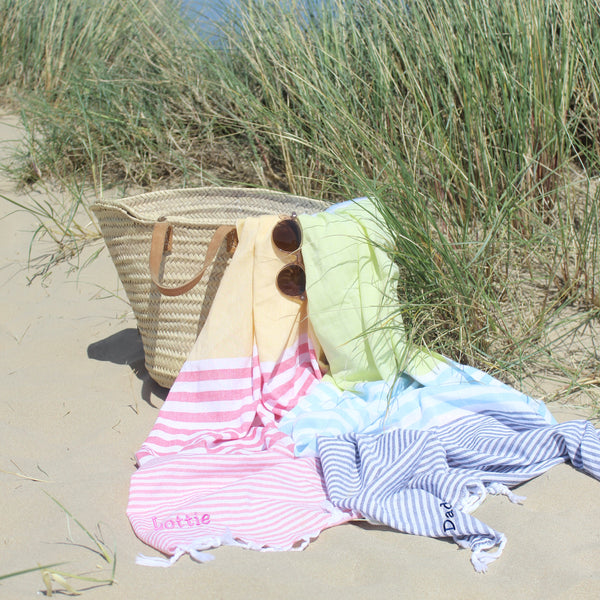 Personalised Stripy Hammam Beach Towel  Pink/Yellow (6548221100112)