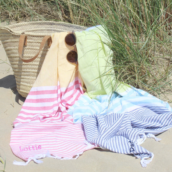 Personalised Stripy Hammam Beach Towel  Navy/Yellow (6548220772432)
