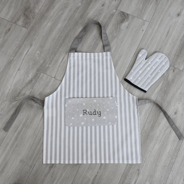 Personalised Grey Stripe & Star Child Apron & Glove Set (6548291518544)