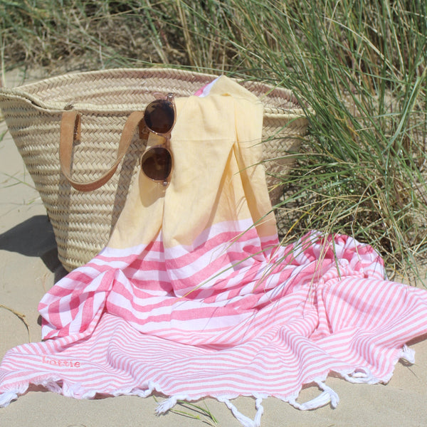 Personalised Stripy Hammam Beach Towel  Pink/Yellow (6548221100112)