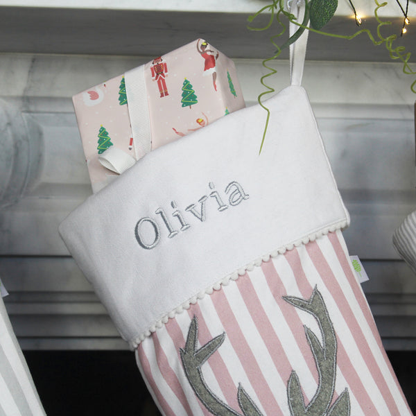 Personalised Pink Stripe Stag Christmas Stocking (6609244684368)