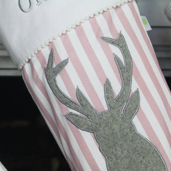 Personalised Pink Stripe Stag Christmas Stocking (6609244684368)