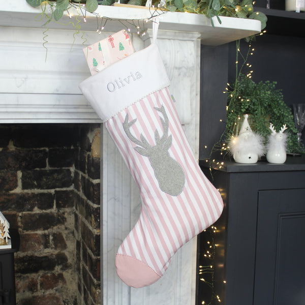 Personalised Pink Stripe Stag Christmas Stocking (6609244684368)