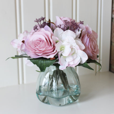 Artificial Pink Rose & Hydrangea Arrangement in Ribbed Vase (6559669518416)