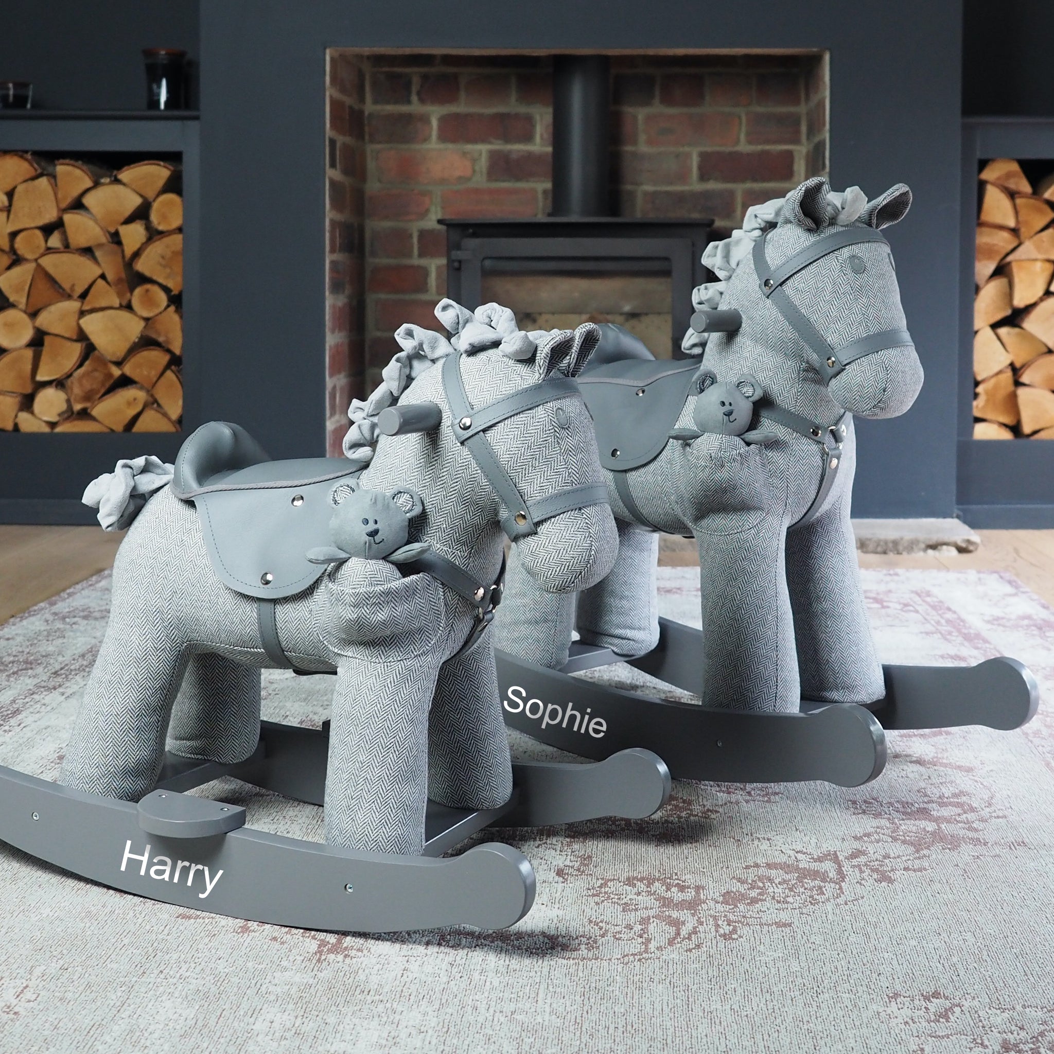 Personalised Grey Herringbone Rocking Horse - 2 Sizes (4877670121552)