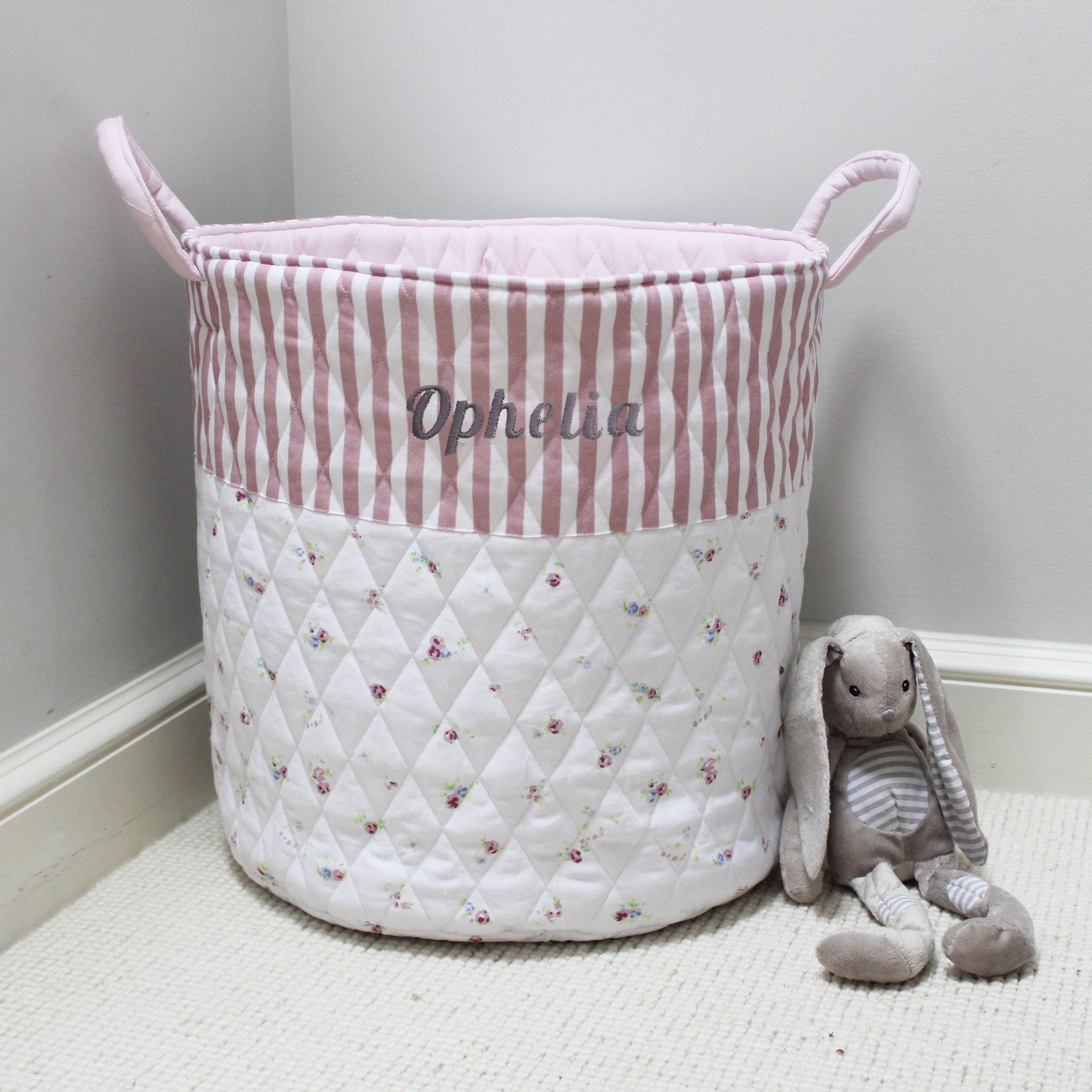 Personalised Quilted Toy Bag - Floral & Pink Stripe (4877096616016)