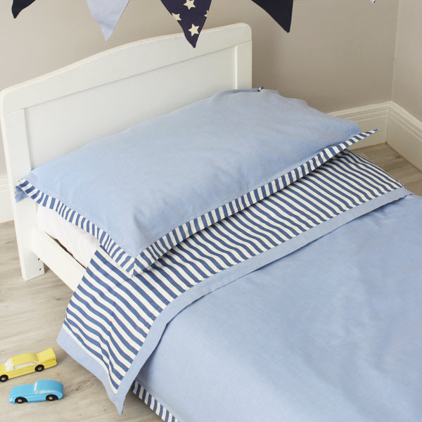 Reversible Blue Stripe & Chambray Duvet Cover & Pillowcase Set - Cot Bed & Single (6548319207504)