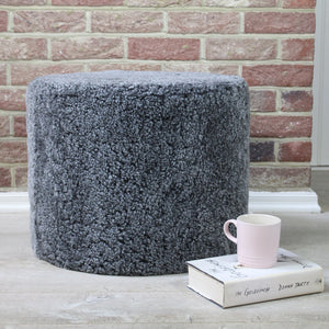 Grey Curly Sheepskin Round Pouffe (6568434696272)