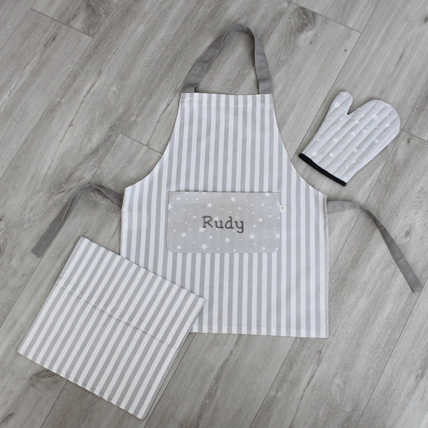 Personalised Grey Stripe & Star Child Apron & Glove Set (6548291518544)