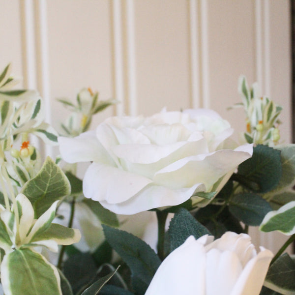 Artificial White Rose Arrangement In Ribbed Vase (6627996860496)