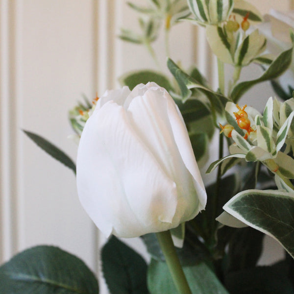 Artificial White Rose Arrangement In Ribbed Vase (6627996860496)