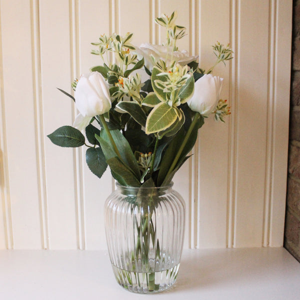 Artificial White Rose Arrangement In Ribbed Vase (6627996860496)