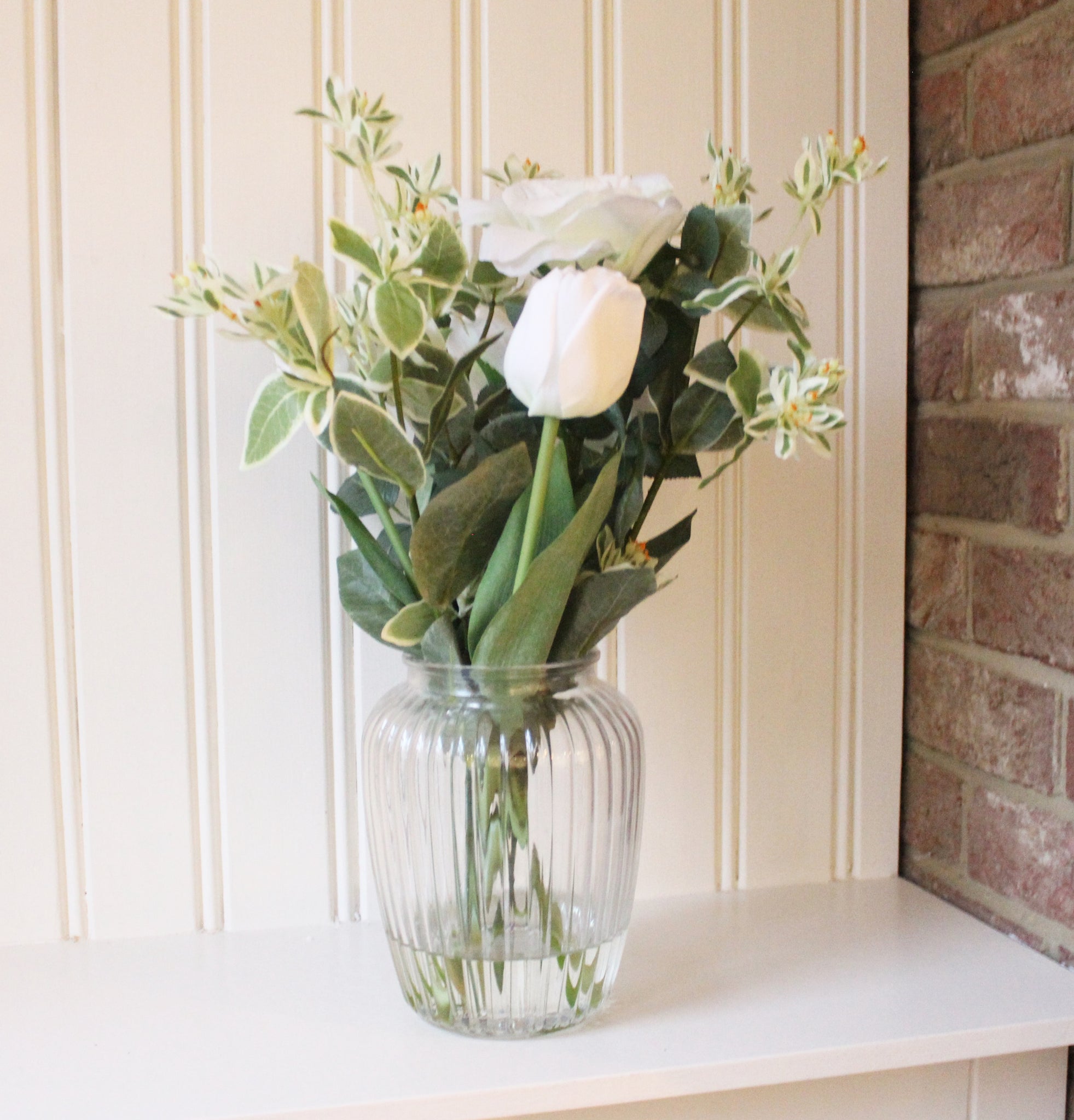 Artificial White Rose Arrangement In Ribbed Vase (6627996860496)
