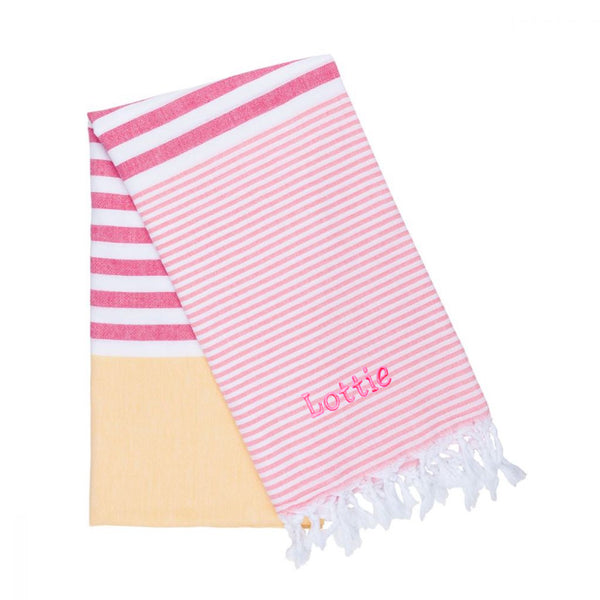 Personalised Stripy Hammam Beach Towel  Pink/Yellow (6548221100112)