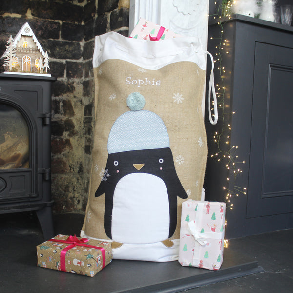 Personalised Penguin Hessian Christmas Sack (6609243537488)